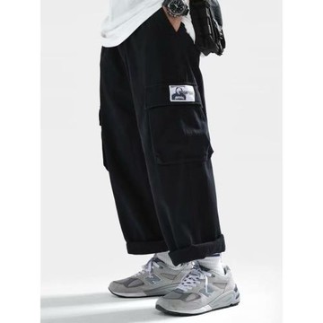余文樂日系大碼潮牌工裝褲男春秋胖子寬松直筒多口袋休閑九分褲子