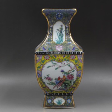 清乾隆琺瑯彩描金花鳥四方瓶家居瓷器擺件仿古瓷器收藏古董古玩1入