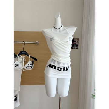 朵朵家 一字肩罩衫腰頭切割拼接字母印花打底上衣比基尼兩件套裝