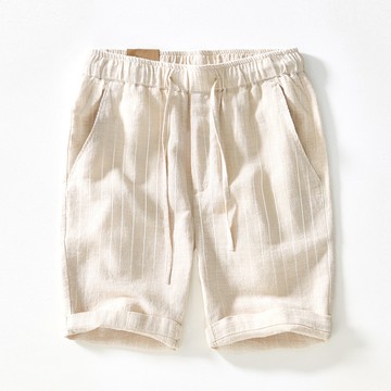 日系棉麻鬆緊腰圍直條紋短褲 / 男女皆可穿 / 棉麻短褲 / 5色 / M-4XL / 大尺碼【QTJBYL8241】