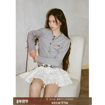 DIDDI MODA三只小貓繡花薄款針織開衫簡約圓領軟糯毛衣女