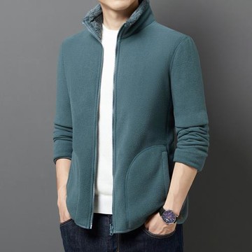 運動兩面穿搖粒絨內里珊瑚絨秋冬外套立領拉鏈口袋開衫棉衣夾克男