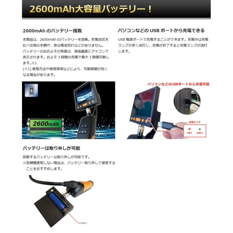 ファイバースコープ 工業用内視鏡 防水 先端可動式カメラ 直径8.5mm