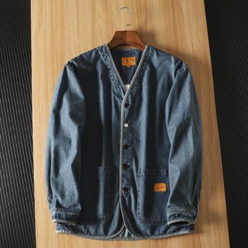 日系復古潮流風 外貿男裝水洗牛仔深V無寬松領夾克開衫夾克外套潮