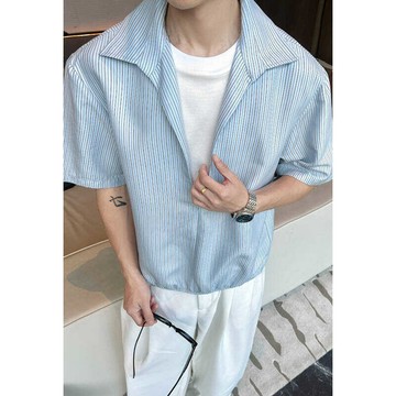 M-5XL日係風假两件短袖襯衫男大尺碼夏季薄款垂感襯衫短袖上衣男 寬鬆休閑半袖襯衣外套休閒透氣短袖襯衫 韓系翻領襯衫