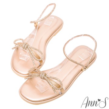 Ann’S仙女凡間-燙鑽手工蝴蝶結極細線條繞踝平底涼鞋-玫瑰金