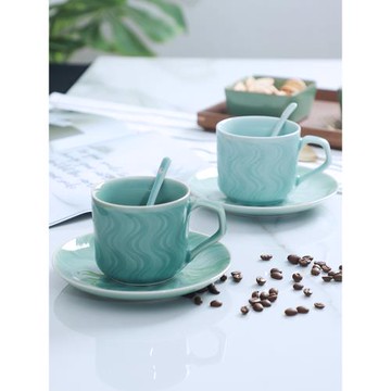 陶瓷茶杯咖啡杯碟勺三件套家用牛奶杯龍泉青瓷杯子中式復古風水杯