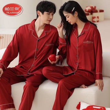 新婚大紅色冰絲綢男款女士睡衣