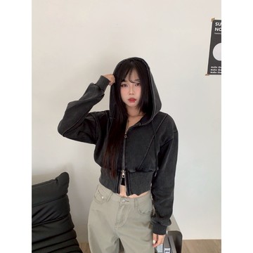 Velpro｜水洗灰雙拉鏈收腰連帽外套 長袖 短版 秋冬