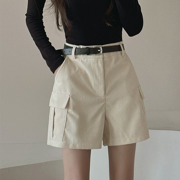 尺寸已更新 韓國chic 高腰燈芯絨闊腿口袋工裝褲 配腰帶