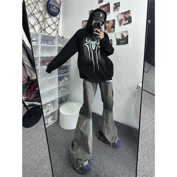 國民小林  微喇叭毛邊拖地牛仔褲男女高腰黑灰漸變高級感闊腿長褲