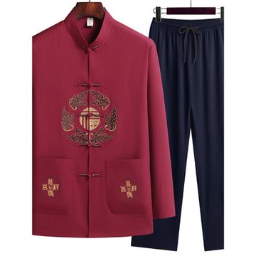 唐裝中老年夏季棉麻套裝爸爸裝生日紅色中國風長袖男裝爺爺過壽服