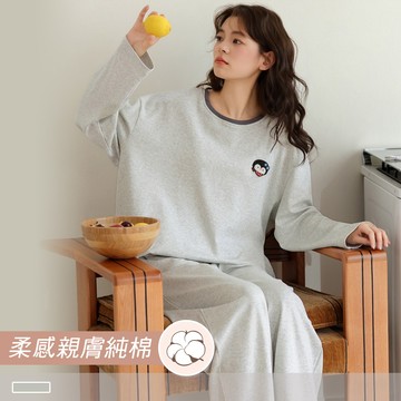 成套睡衣【純棉】極簡企鵝 印花圓領寬版長袖長褲 居家服 66789