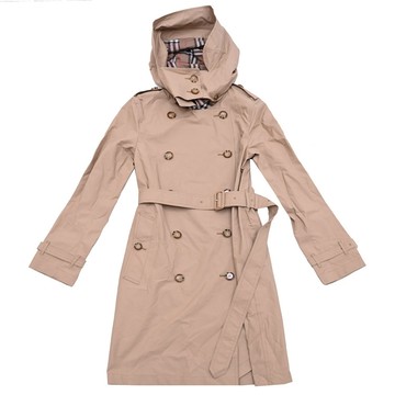 BURBERRY 8122241 雙排扣腰帶可拆連帽長版風衣.卡其