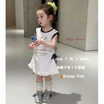 Orange Kids🍊【90-140】女童洋裝 女童無袖連身裙 女寶寶韓版卡通印花簡約蕾絲拼接花邊裙 女童裙子夏天童裝