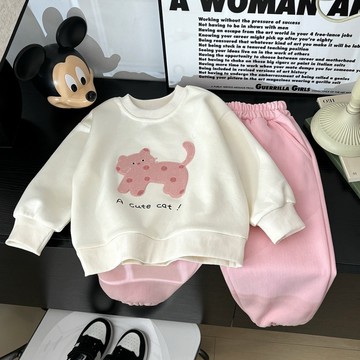 🐻台灣現貨 兒童秋冬季 粉小貓長袖套裝 可愛貓咪公仔套裝 女童套裝 韓版棉質套裝 姊妹套裝 A01