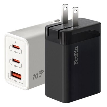 KooPin 氮化鎵GaN 70W快速充電器1個USB-A+2個Type-C 三孔