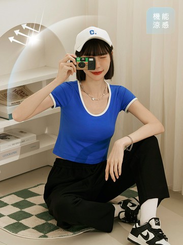 涼感．冰絲棉滾邊短袖短版上衣