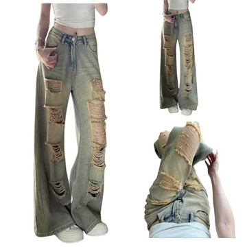 大美妞★現+貨 高腰牛仔褲 破洞牛仔褲 闊腿牛仔褲 牛仔寬褲 美式顯瘦破洞牛仔褲高腰寬鬆直筒褲 闊腿拖地長褲