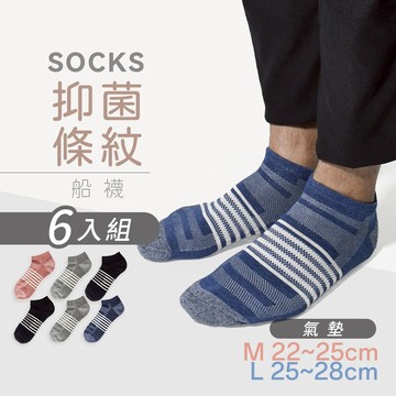 【MORINO】(6雙組)MIT抑菌防臭條紋氣墊厚底船襪 MO33003-1&2 (運動襪/學生襪/女襪/男襪/中性襪)