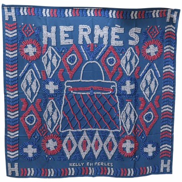 【二手名牌BRAND OFF】HERMES 愛馬仕 藍色 Kelly en Perles 絲綢 絲巾 140x140