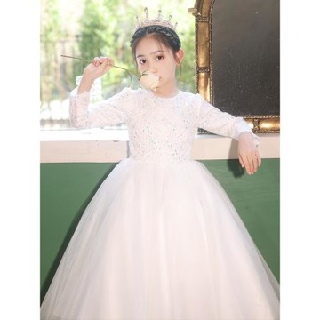 優雅氣質兒童晚禮服春秋款長袖花童婚紗女孩生日公主裙鋼琴演出服