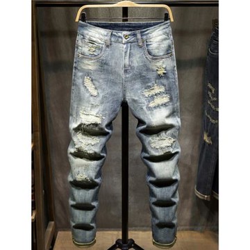 高端破洞牛仔褲男直筒寬松潮牌痞帥秋季新款復古做舊補丁長褲潮流