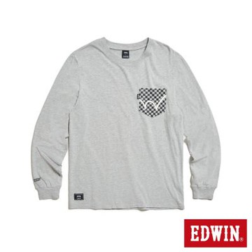 EDWIN 男裝 方格口袋寬版長袖T恤-銀灰色