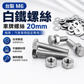 台製M6白鐵螺絲 車牌螺絲 20mm 華司 墊片 螺帽 螺母 不鏽鋼 白鐵外六角螺絲 不銹鋼六角頭機械牙 WTF