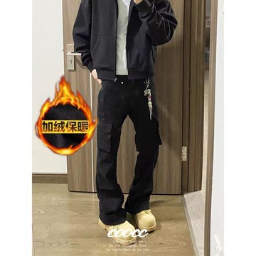 潮流多口袋工裝微喇叭休閒褲男秋冬季拖地褲百搭牛仔褲男