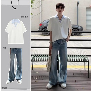 【夏季上新】韓版假兩件襯衫V領短袖夏季男生酷帥穿搭一整套cleanfit牛仔褲潮