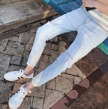 FINDSENSE品牌 韓國破壞牛仔 窄管 破褲 彈性好穿 高品質牛仔