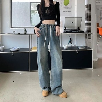 经典美式高街风抽绳松紧腰牛仔裤女网红爆款高腰显瘦宽松直筒加绒长裤 女生牛仔长裤 直筒阔腿裤 松紧腰做旧牛仔长裤 春秋季款