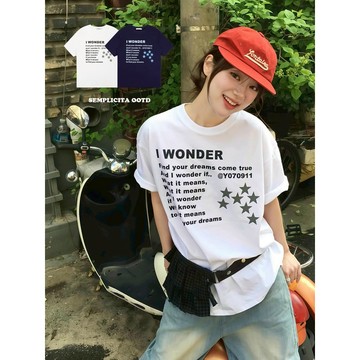 【SEMPLICITA】純棉 T恤 字母 印花 星星 圖案 短袖 上衣 簡約 寬版 落肩 男女款 短袖 短Tee