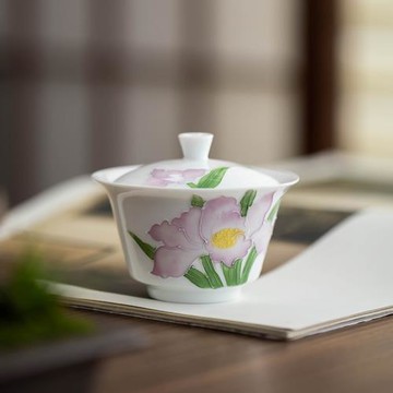 景德鎮釉下彩純手繪小號蓋碗堆雕鳶尾花泡茶碗茶杯主人杯小清新風