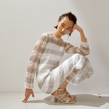 鏤空網紗拼接針織層次長洋裝     /不含白色襯裙