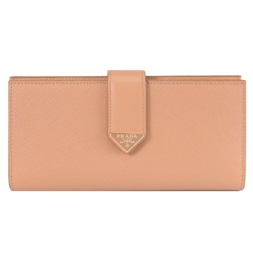 PRADA 1MV025 三角LOGO金屬扣式防刮零錢長夾.淺咖