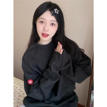 LIFE CAVEMPT日系印花寬松純色簡約貼布情侶CE圓領落肩衛衣潮牌男