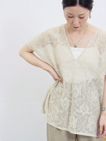 微辣透膚蕾絲深V領綁帶短袖上衣(0F001087310) - Samansa Mos2 blue