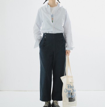 法式復古少女感襯衫 / 淡雅藍白條紋棉質款 / 元氣長袖寬鬆上衣