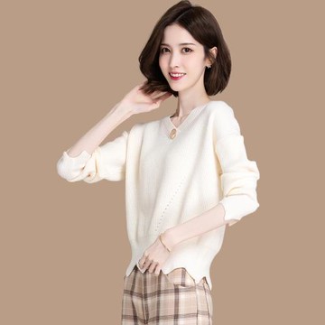 清倉福利價 v領不規則白色毛衣女短款秋冬針織打底衫洋氣長袖上衣