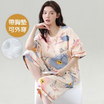 [韓國K.W.]韓國元氣歐膩有胸墊居家睡衣(睡衣/睡裙/家居服/涼感睡衣/連身睡衣)