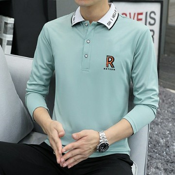 翻領刺繡上衣|大碼90公斤男裝POLO衫|春秋長袖上衣|男長袖T恤|韓版繡花POLO衫|青年潮流打底衫|翻領POLO