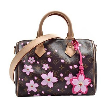 LV  M14174 村上隆聯名經典Speedy 25系列Monogram帆布粉微笑小花手提/斜背包