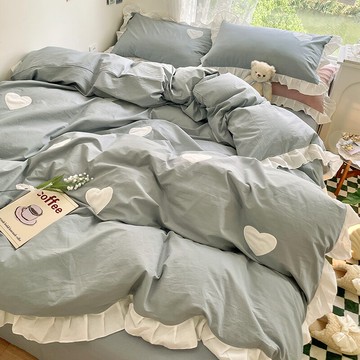 ins風純棉水洗棉床上四件套100全棉公主花邊被套床品床單三件套女