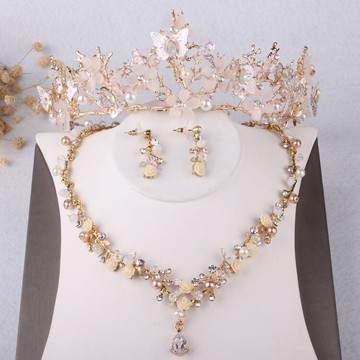 新娘婚紗套鏈淺金色蝴蝶帶手工皇冠原創新款陶瓷花項鏈耳環三件套