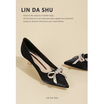 【林大叔】水鉆蝴蝶結高跟鞋女2025新款春秋緞面細跟尖頭單鞋黑色
