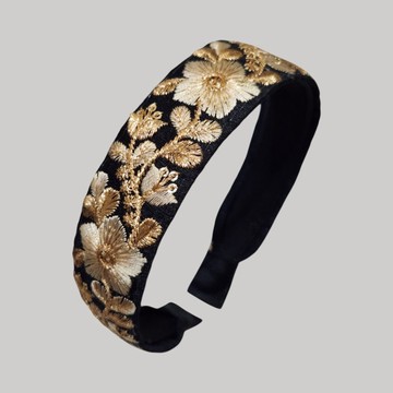 金線星芒花・黑色系刺繡緞帶髮箍