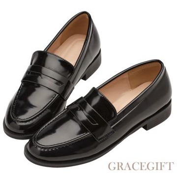 【Grace Gift】歐美便仕軟墊低跟樂福鞋 黑漆