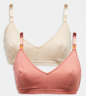 ASOS DESIGN Maternity 2 pack cotton ribbed bra in beige & rust-Multi